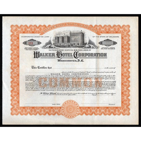 Walker Hotel Corporation (Washington,  D.C.) Stock Certificate