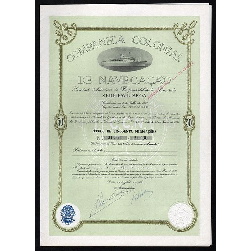 Companhia Colonial de Navegacao 1954 Portugal Stock Certificate