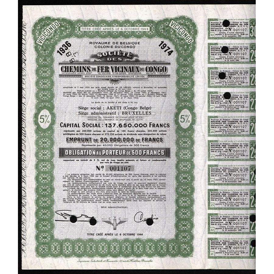 Societe des Chemins de Fer Vicinaux du Congo Africa, Belgian Congo Stock Certificate
