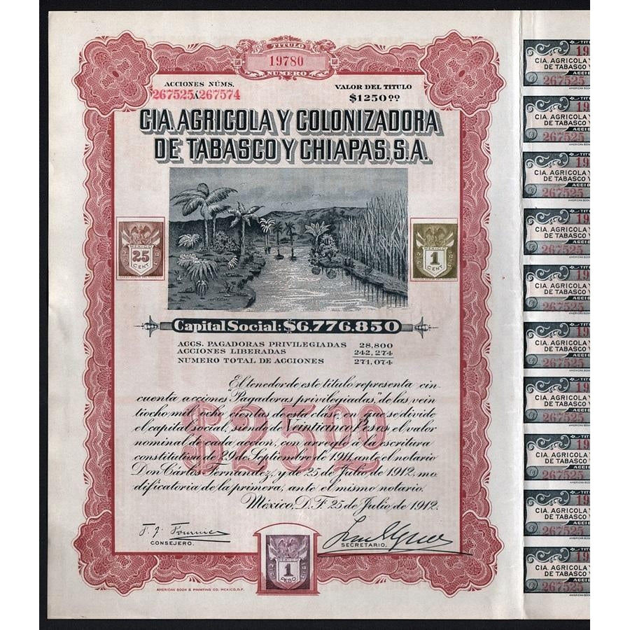 Cia. Agricola y Colonizadora de Tabasco y Chiapas 1912 Mexico Stock Certificate