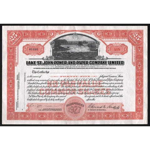 Lake St. John Power and Paper Company Limited Quebec Canada Stock Certificate