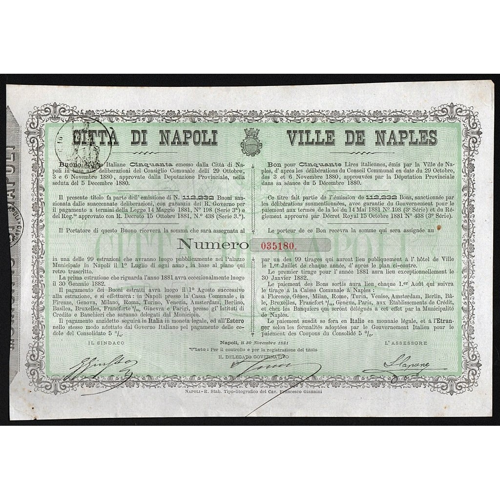Citta di Napoli / Ville de Naples 1881 Italy Stock Bond Certificate