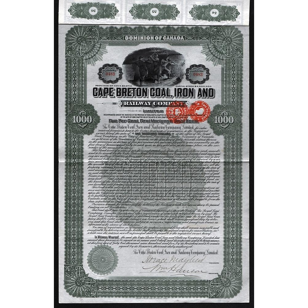 Cape Breton Coal, Iron and Railway Company 1905 Gold Bond Certificate