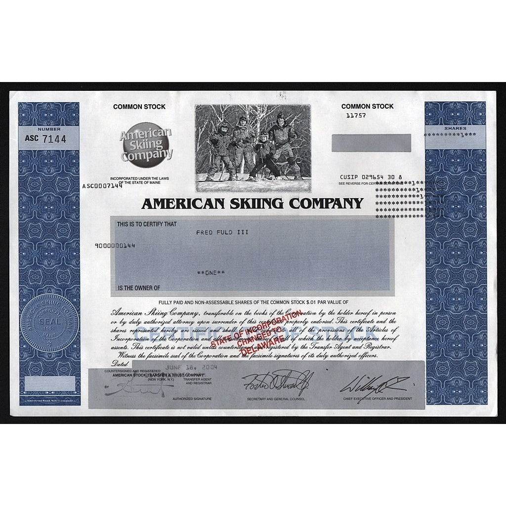American Skiing Company Stock Certificate