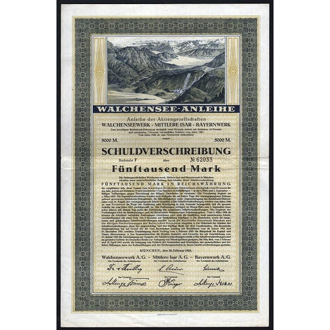 Anleihe der Aktiengesellschaften Walchenseewerk Mittlere Isar Bayernwerk 1923 Germany Bond Certificate