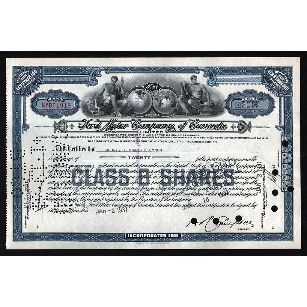 Ford Motor Company of Canada, Limited 1931 Stock Certificate