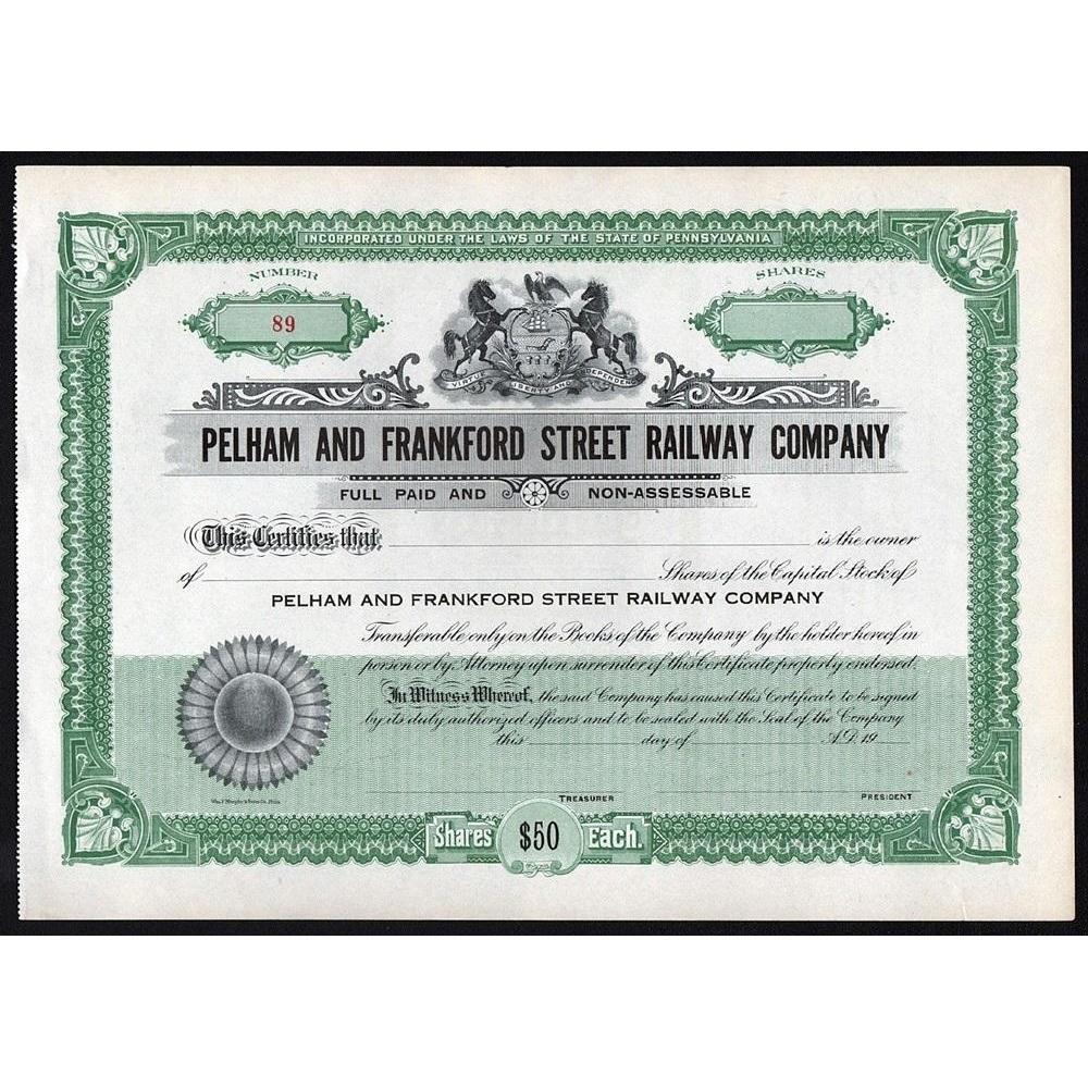 Pelham and Frankford Street Railway Company Stock Certificate