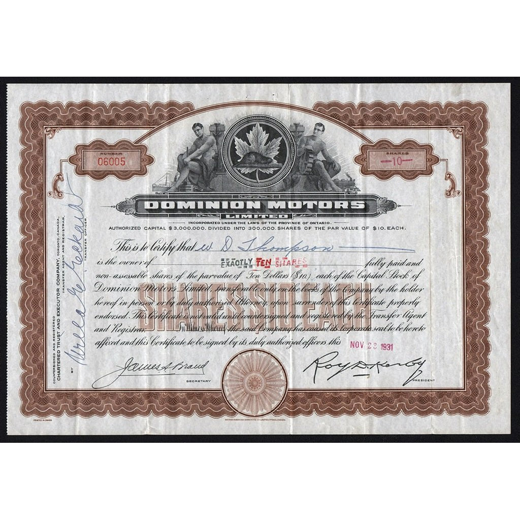 Dominion Motors Limited 1931 Ontario Canada Stock Certificate