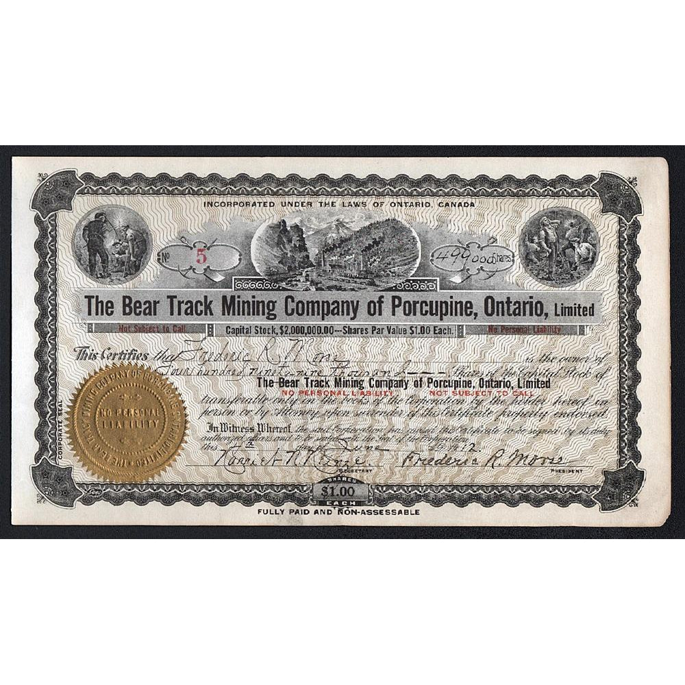 The Bear Track Mining Company of Porcupine, Ontario 1912 Canada Stock Certificate