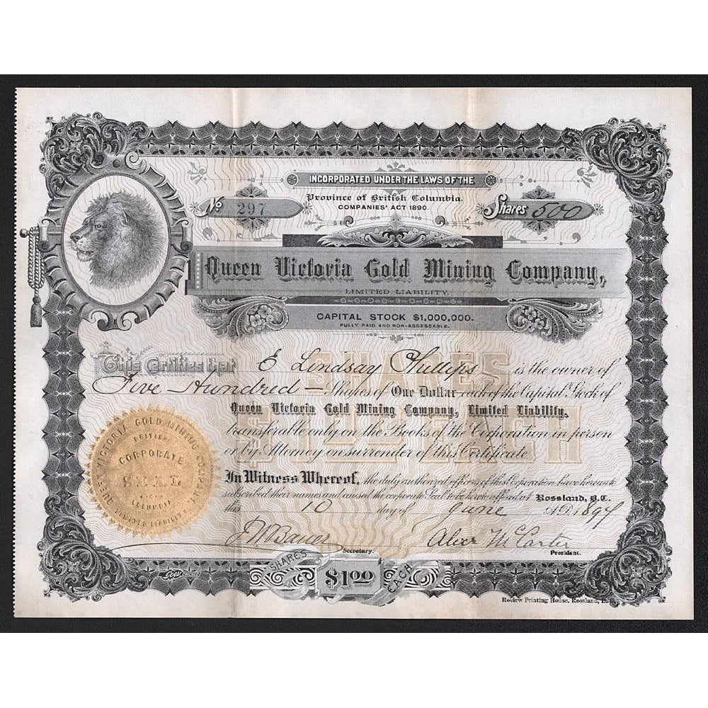 Queen Victoria Gold Mining Company 1897 Rossland British Columbia Canada Stock Certificate