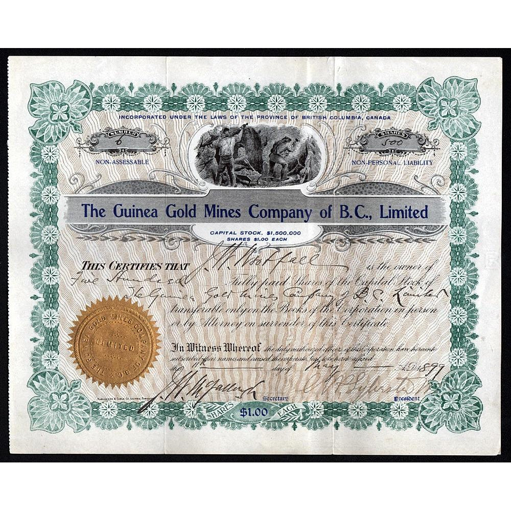 The Guinea Gold Mines Company of B.C. 1899 British Columbia, Canada Stock Certificate