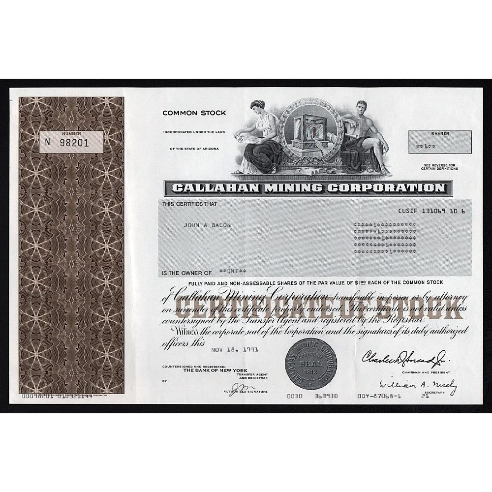 Callahan Mining Corporation Arizona Stock Certificate