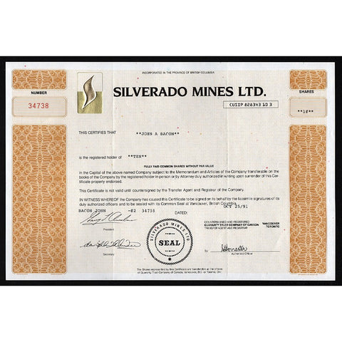 Silverado Mines Ltd. British Columbia, Canada Stock Certificate