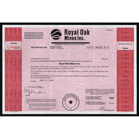 Royal Oak Mines Inc. British Columbia, Canada Stock Certificate