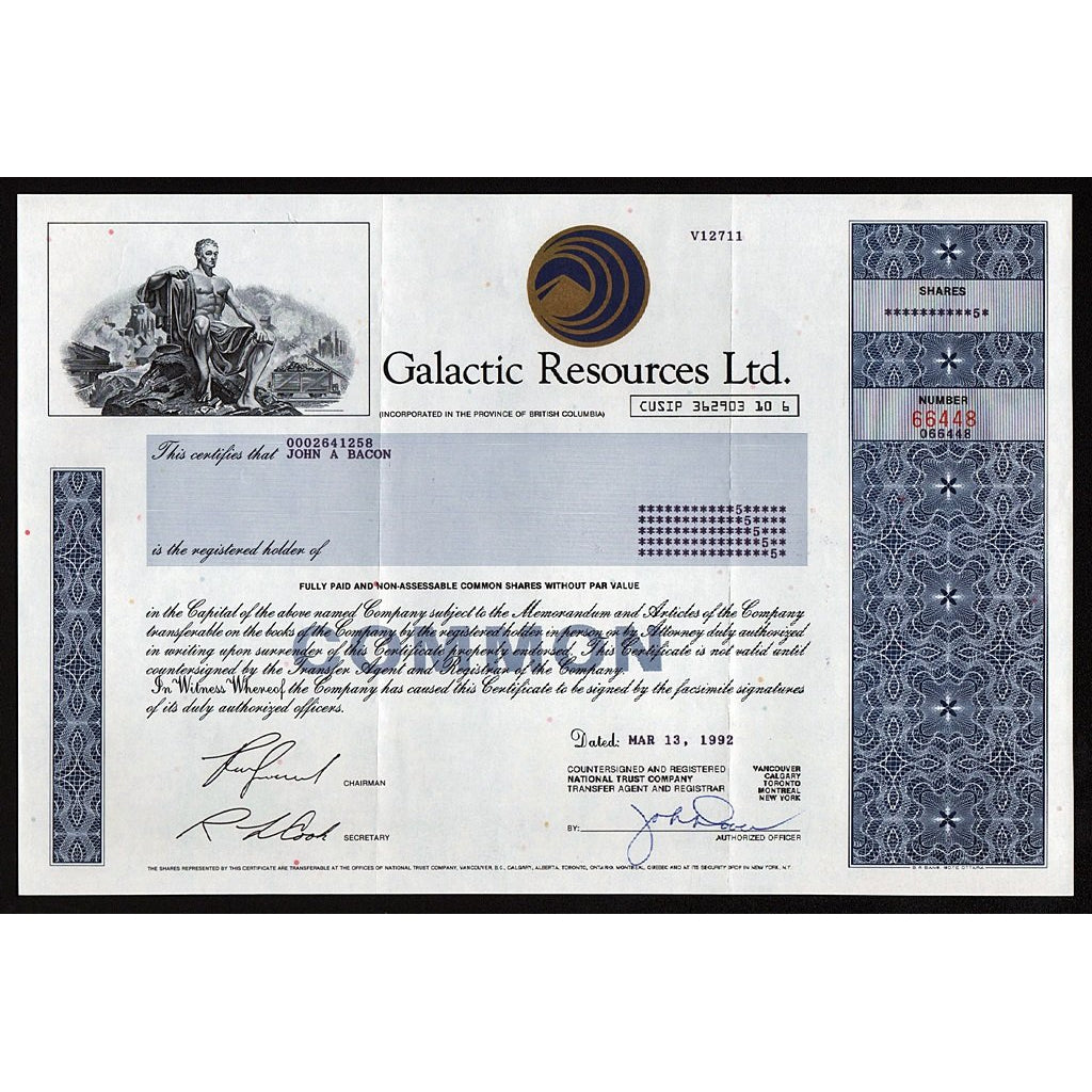 Galactic Resources Ltd. British Columbia, Canada Stock Certificate
