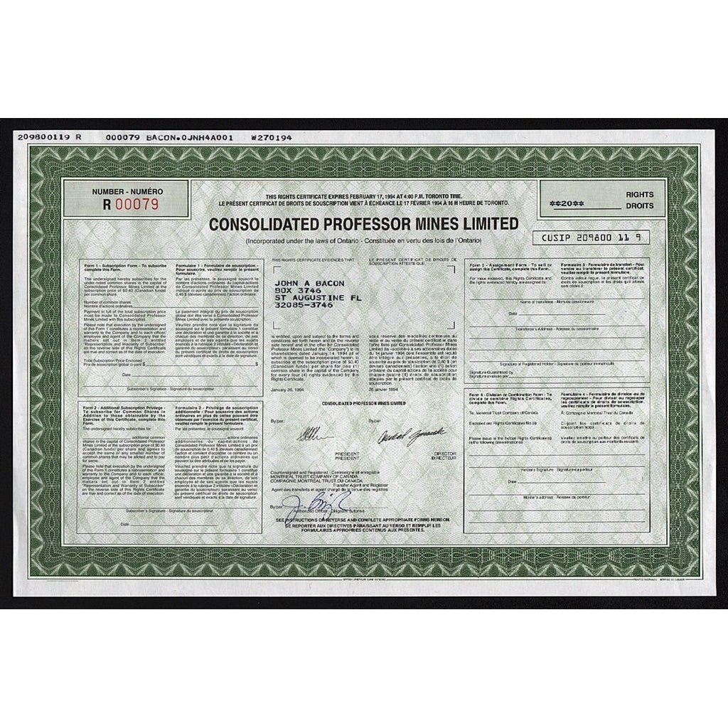 Consolidated Professor Mines Limited, Ontario Canada Stock Certificate