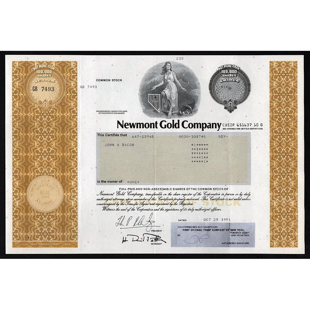 Newmont Gold Company Stock Certificate