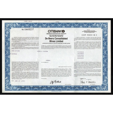 De Beers Consolidated Mines Limited (Citibank) South Africa Stock Certificate
