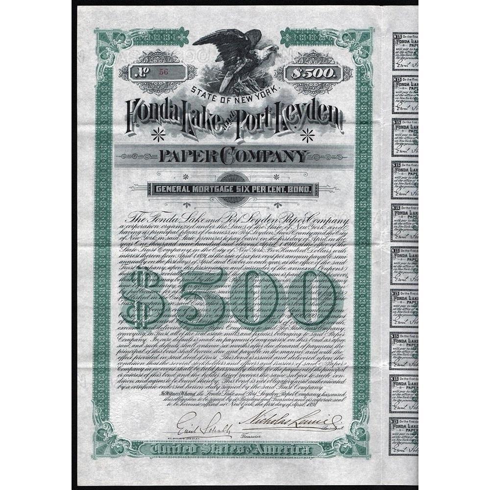 Fonda Lake and Port Leyden Paper Company Stock Certificate