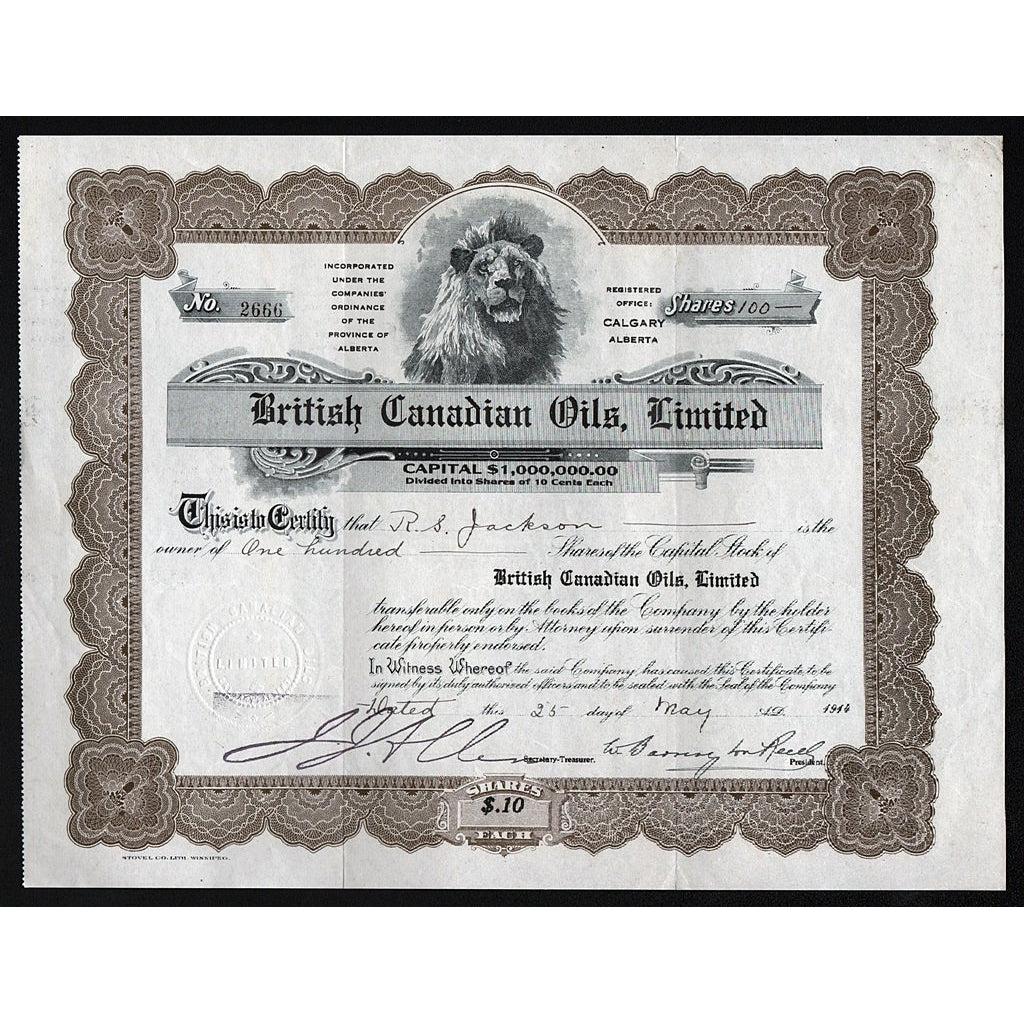 British Canadian Oils, Limited 1914 Alberta Canada Stock Certificate