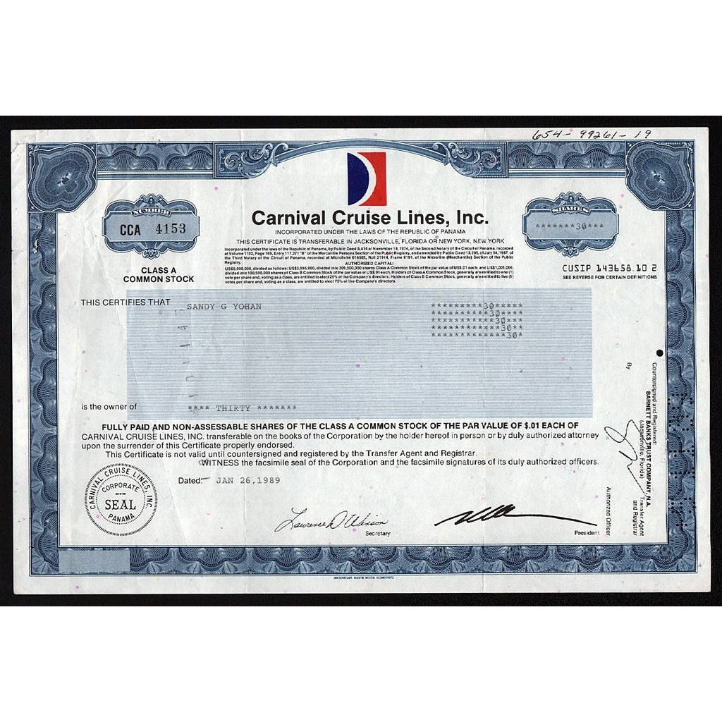Carniaval Cruise Lines, Inc. (Panama) Stock Certificate