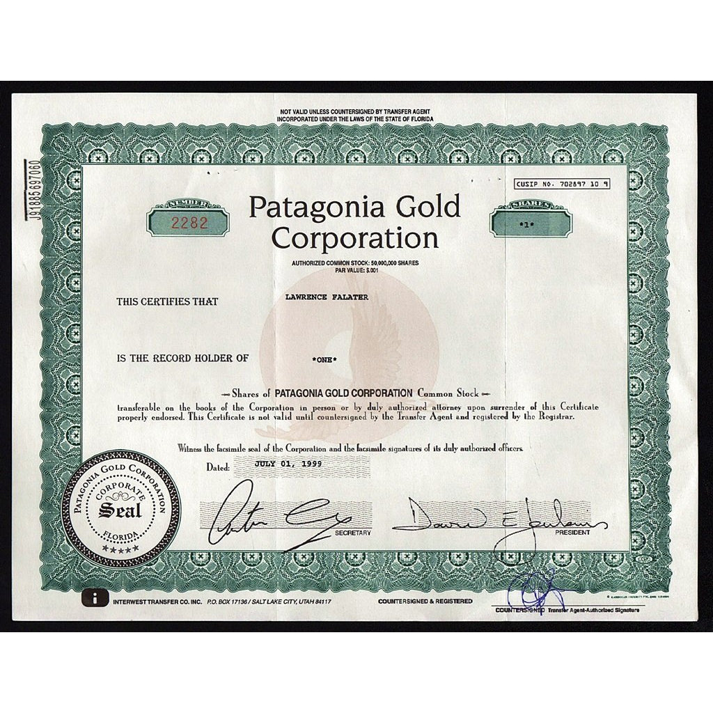 Busk Hurtig kapitalisme Patagonia Gold Corporation Florida Mining Stock Certificate – Artonpapers