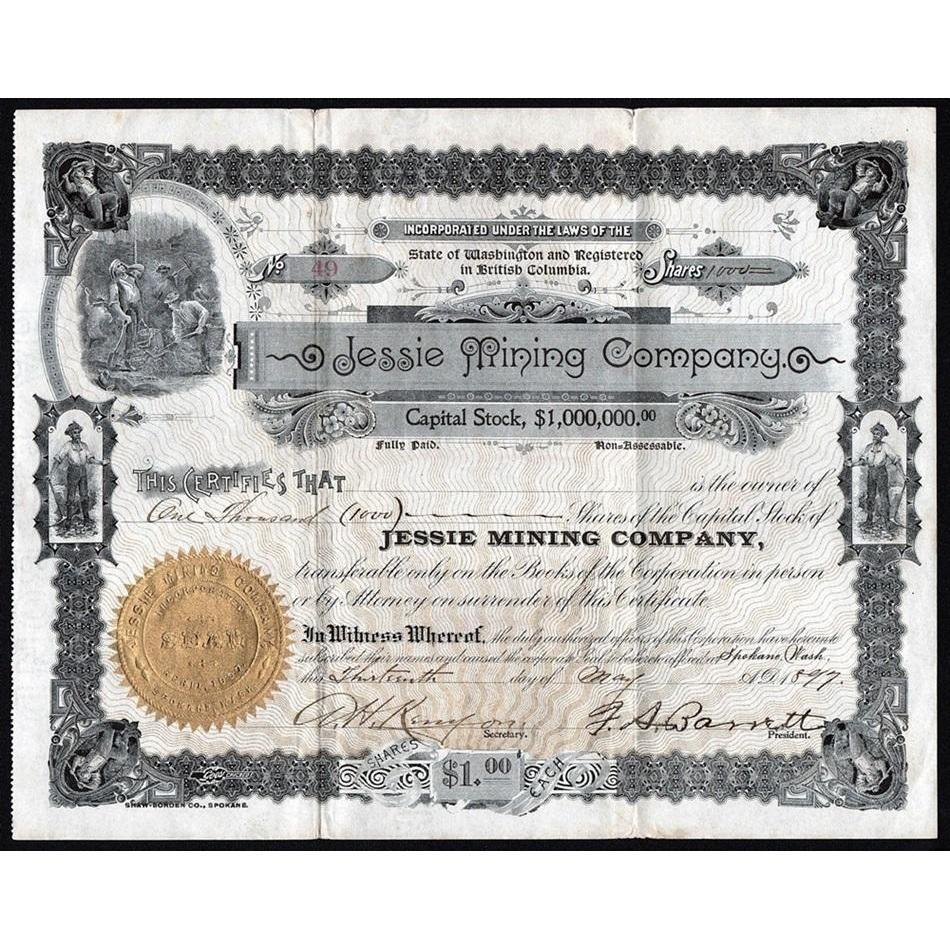 Jessie Mining Company (Washington & British Columbia) Stock Certificate