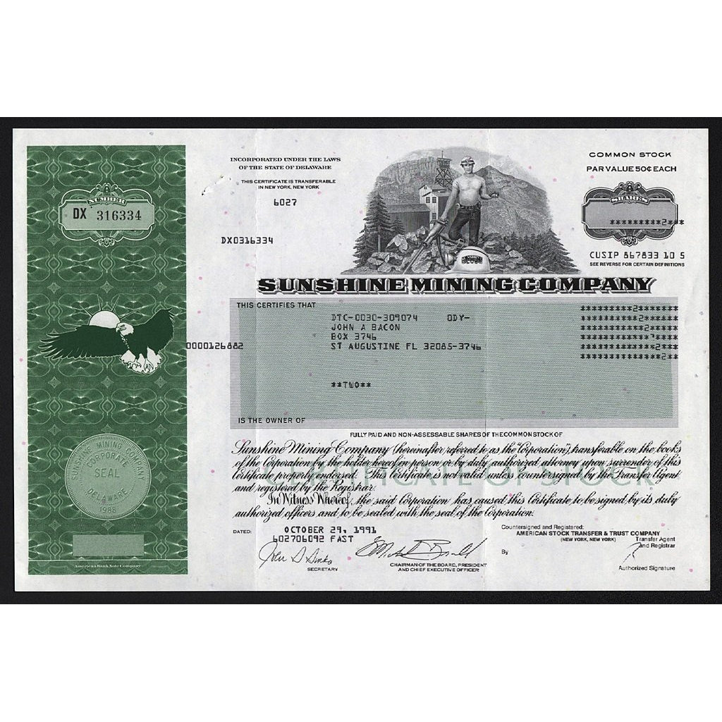 Sunshine Mining Company Stock Certificate