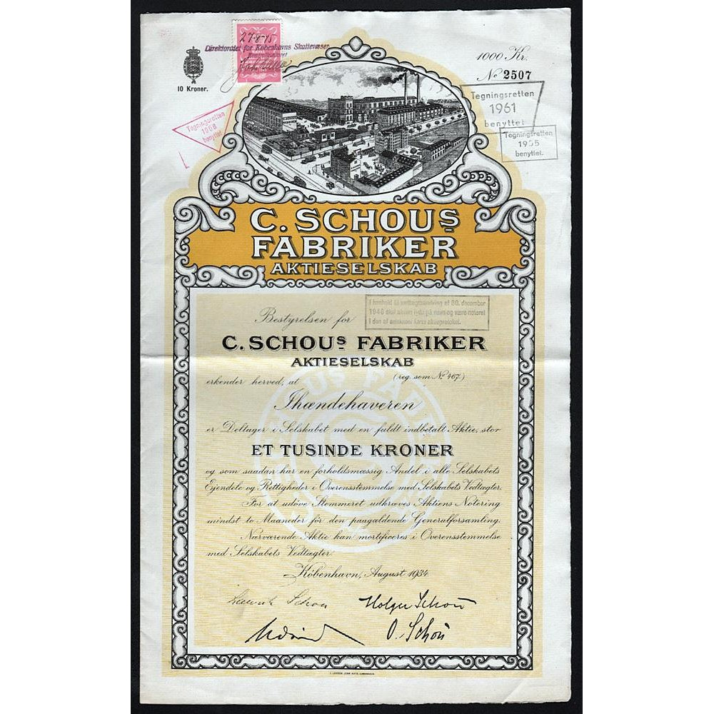 C. Schous Fabriker Aktieselskab 1934 Copenhagen Denmark Stock Certificate
