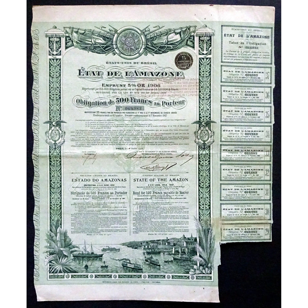 Estados Unidos Do Bazil, Estado Do Amazonas 1906 Gold Bond Certificate