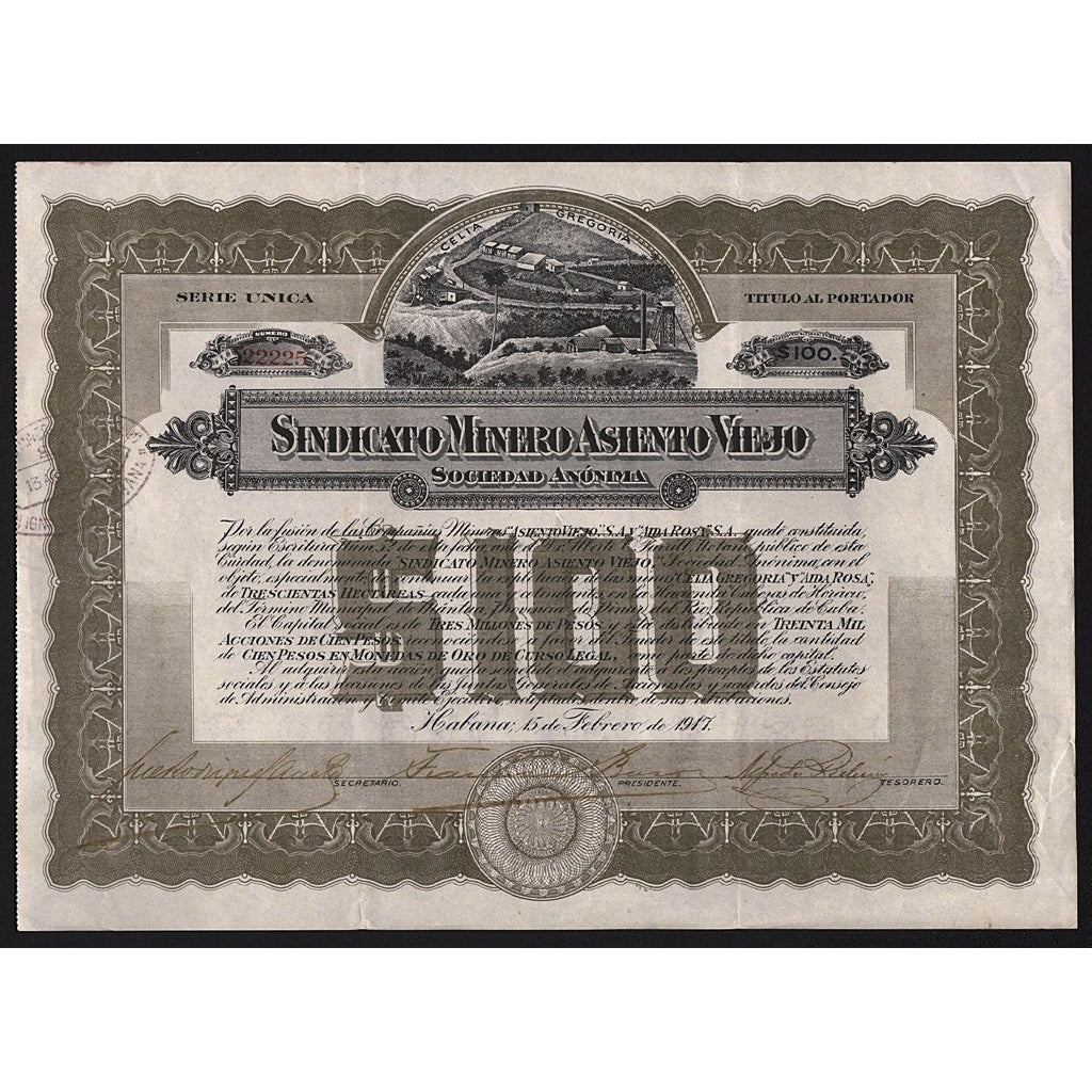 Sindicato Minero Ashento Viejo Sociedad Anonima 1917 Cuba Mining Stock Certificate