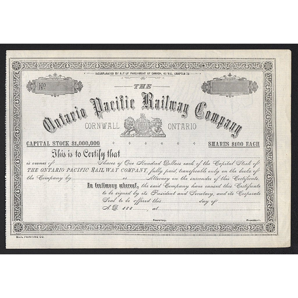 Ontario Pacific Railway Company (Cornwall, Ontario) 1880s Canada Stock Certificate