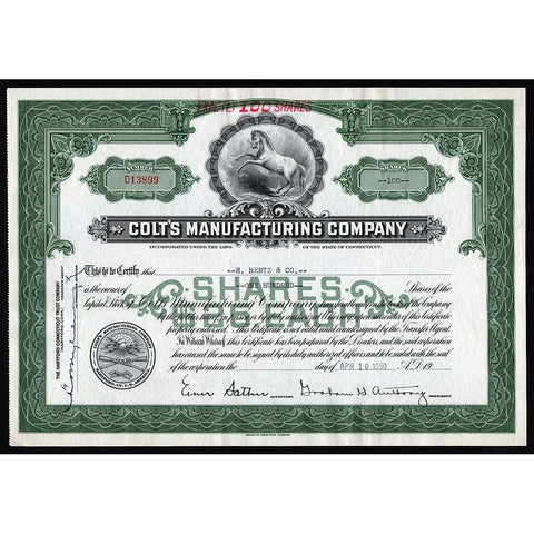 Colt's Manufacturing Company Pistols & Firearms 1950 Stock Certificate