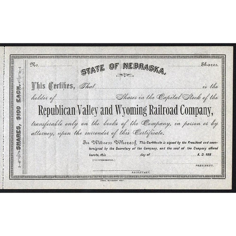 Republican Valley and Wyoming Railroad Company Stock Certificate