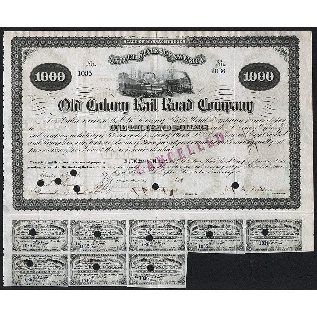 Old Colony Rail Road Company 1874 Massachusetts Stock Certificate
