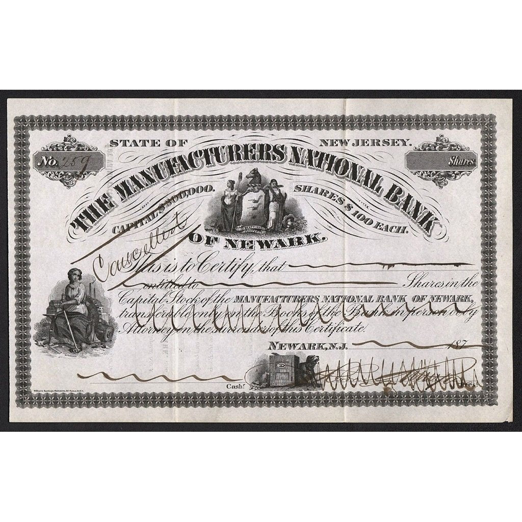 The Manufacturers National Bank of Newark New Jersey 1870s Stock Certificate