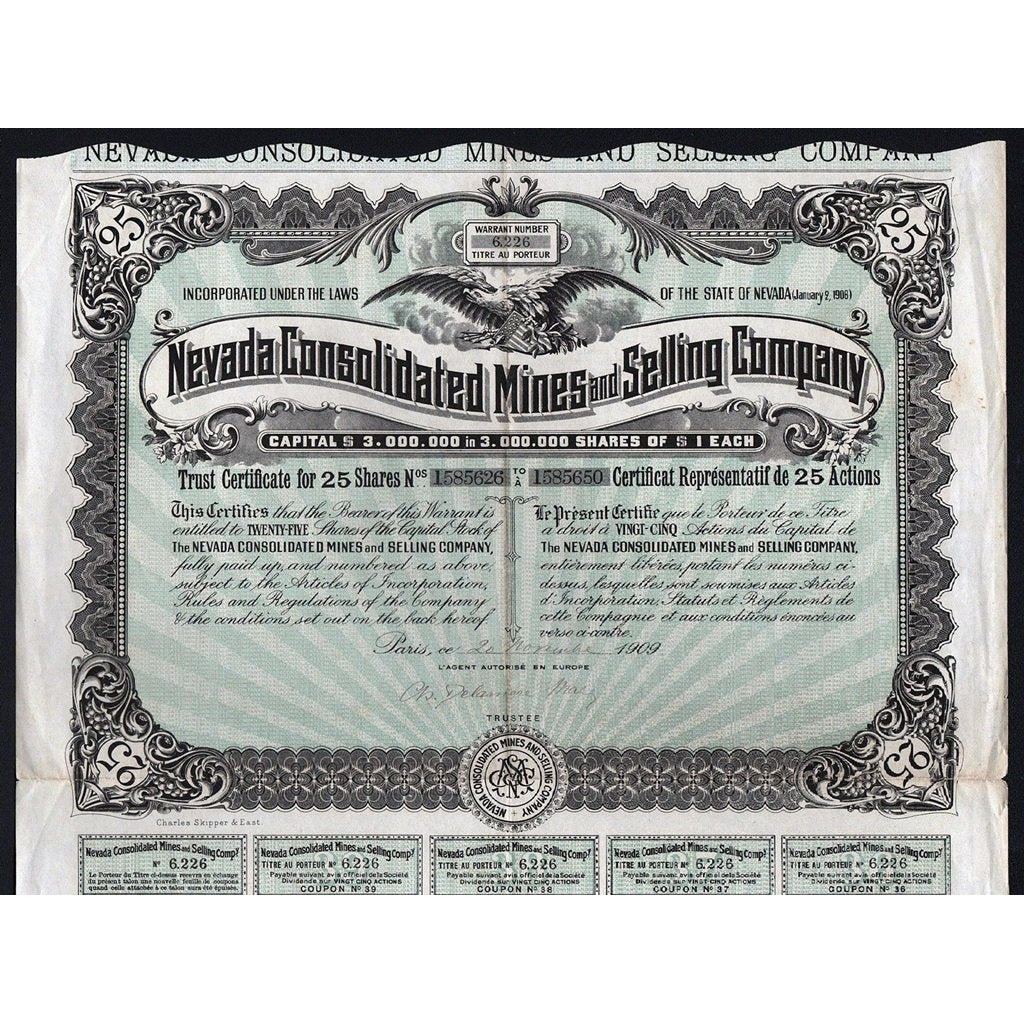 Nevada Consolidated Mines and Selling Company 1909 Stock Certificate