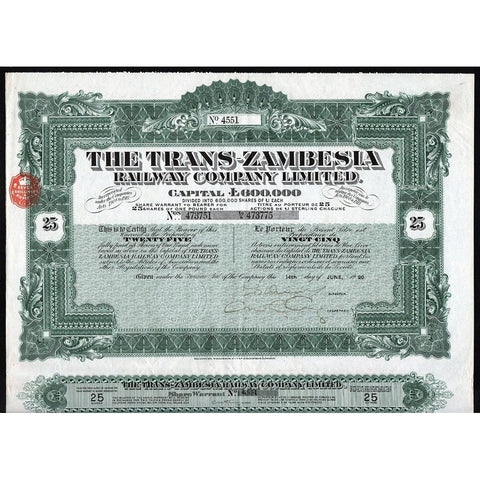 The Trans-Zambesia Railway Company Limited 1920 Stock Certificate Rhodesia