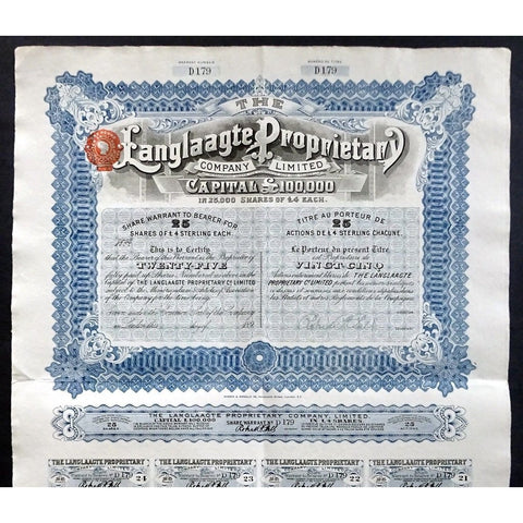The Langlaagte Proprietary Company South Africa 1890s Stock Certificate