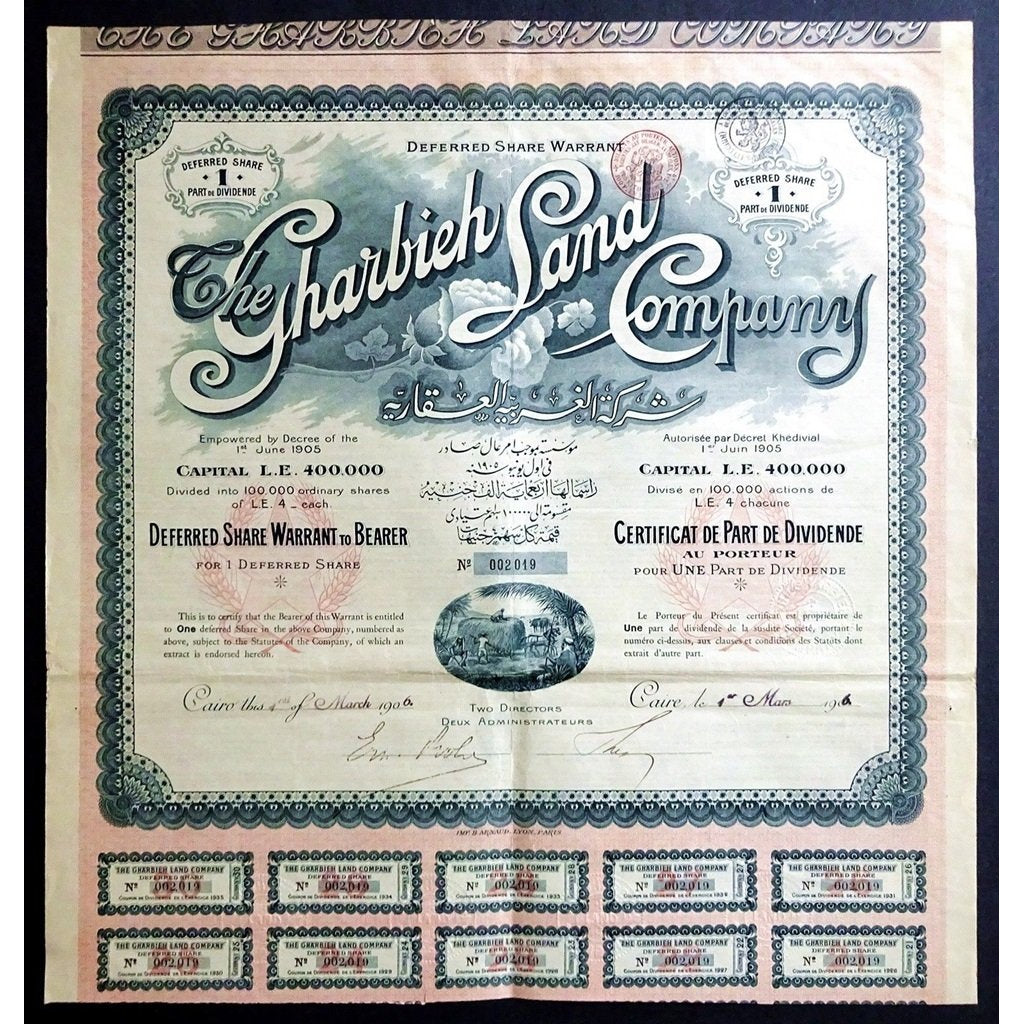 The Gharbieh Land Company 1906 Cairo Egypt Stock Certificate