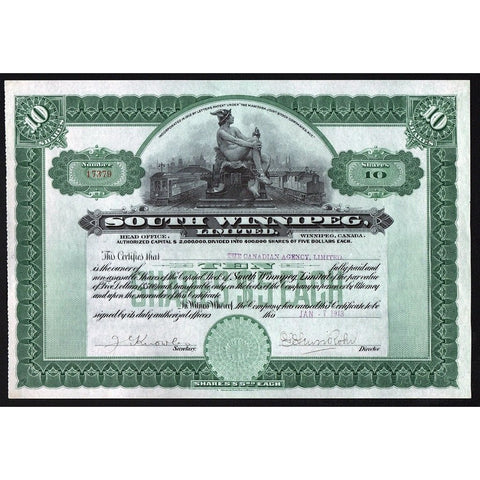 South Winnipeg, Limited 1913 Manitoba Canada Stock Certificate Railroad