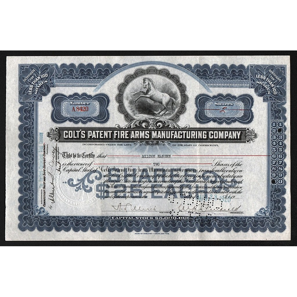 Colt's Patent Fire Arms Manufacturing Company 1920 Stock Certificate