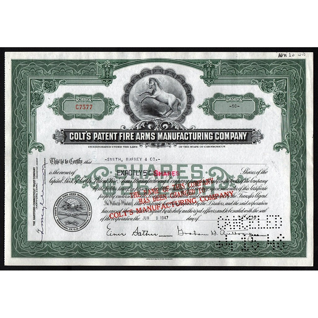 Colt's Patent Fire Arms Manufacturing Company 1947 Stock Certificate
