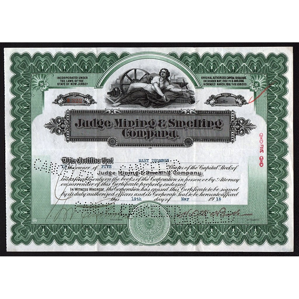 Judge Mining & Smelting Company 1916 New Jersey Stock Certificate