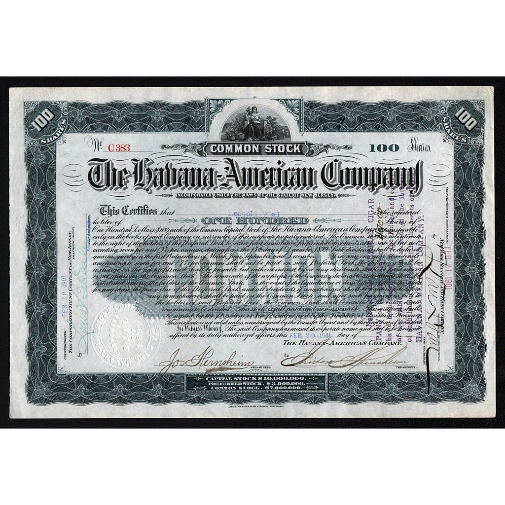 Havana-American Company 1901 Cuba, New Jersey Stock Certificate