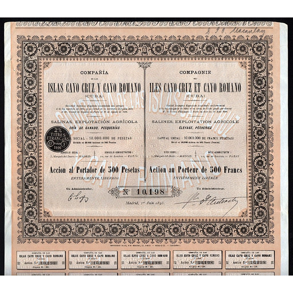 Compania de las Islas Cayo Cruz Y Cayo Romano (Cuba) 1893 Madrid Stock Certificate