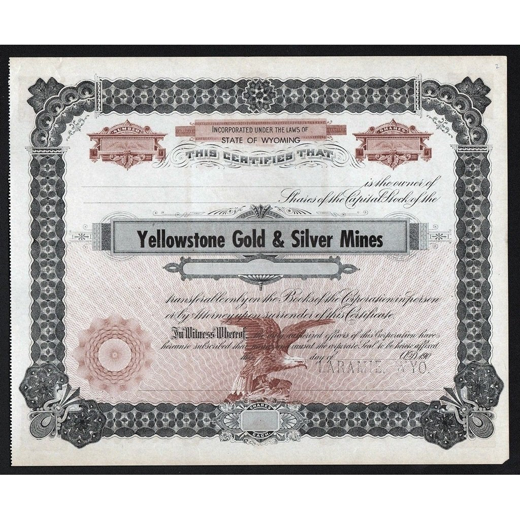 Yellowstone Gold & Silver Mines Wyoming Stock Certificate