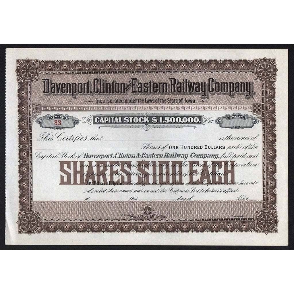 Davenport, Clinton and Eastern Railway Company Stock Certificate