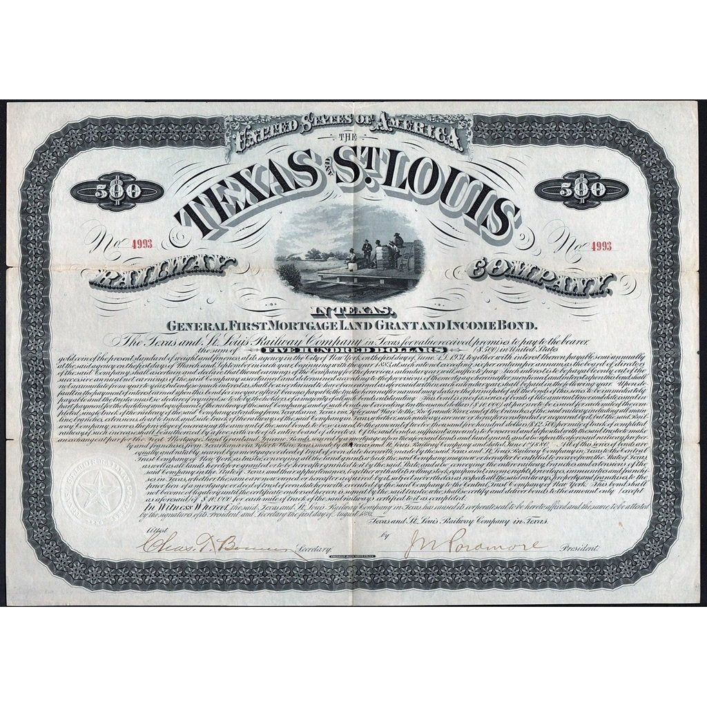 The Texas and St. Louis Railway Company in Texas 1881 Stock Bond Certificate