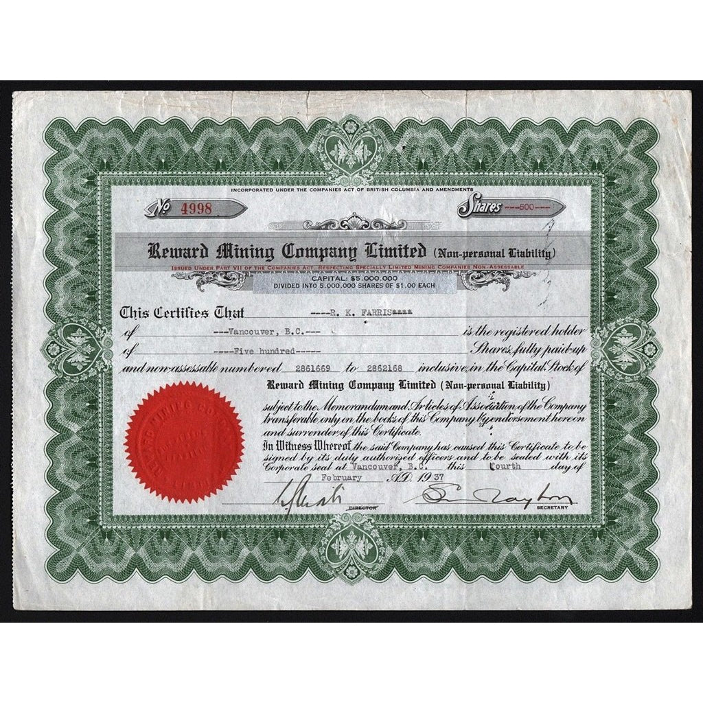 Reward Mining Company Limited 1937 British Columbia Canada Stock Certificate